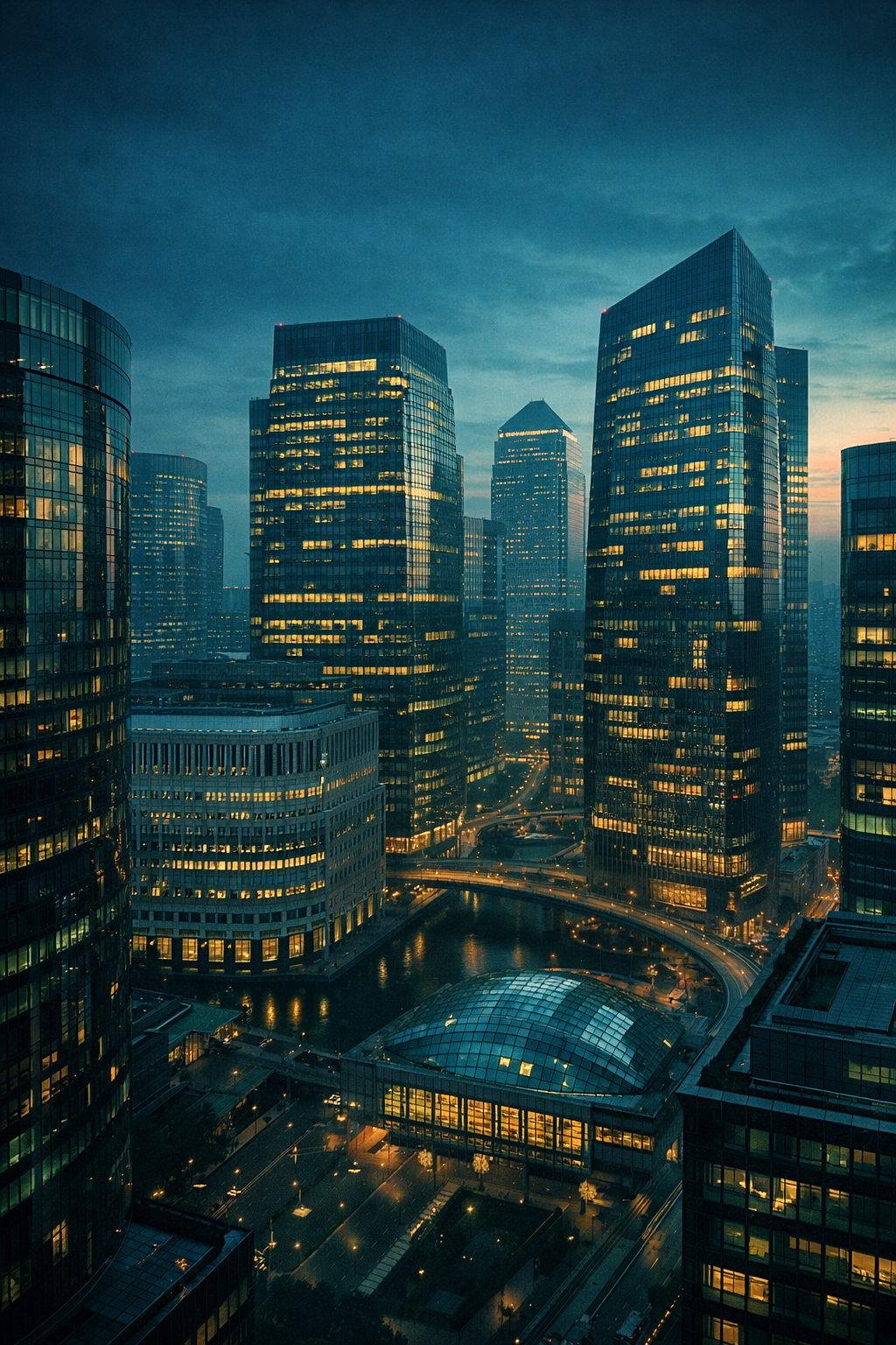 Financial district at dusk